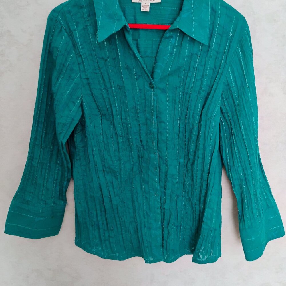 JM Collection Women's Teal Green Button-Down Blouse 3/4 Sleeves Size 8